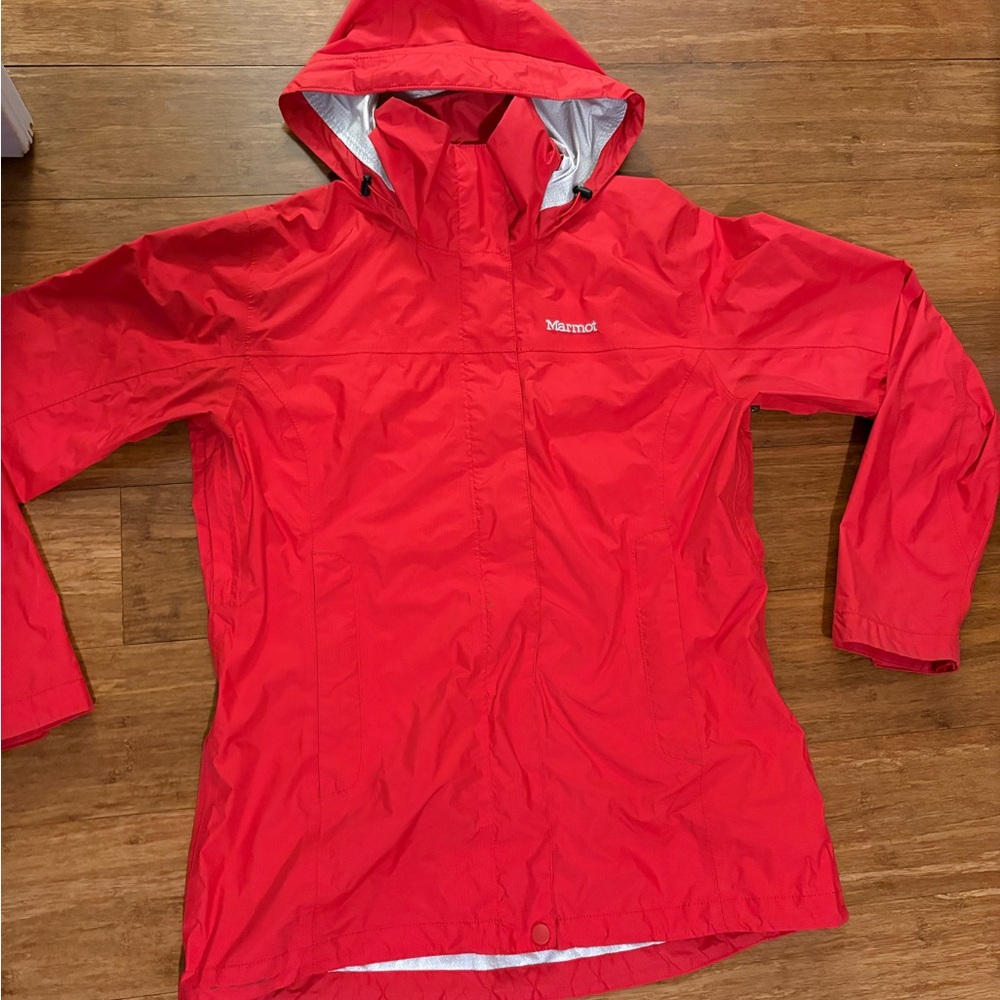 Marmot Bright Red Hooded Rain Jacket with White Logo